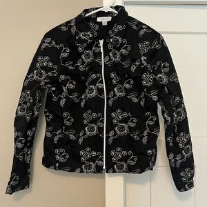 Black and White Floral Bomber Jacket with Ribbed Cuffs